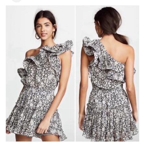 Misa One Shoulder Ruffle Mini Dress Floral Black Ivory Size Medium Josefine - Picture 1 of 10